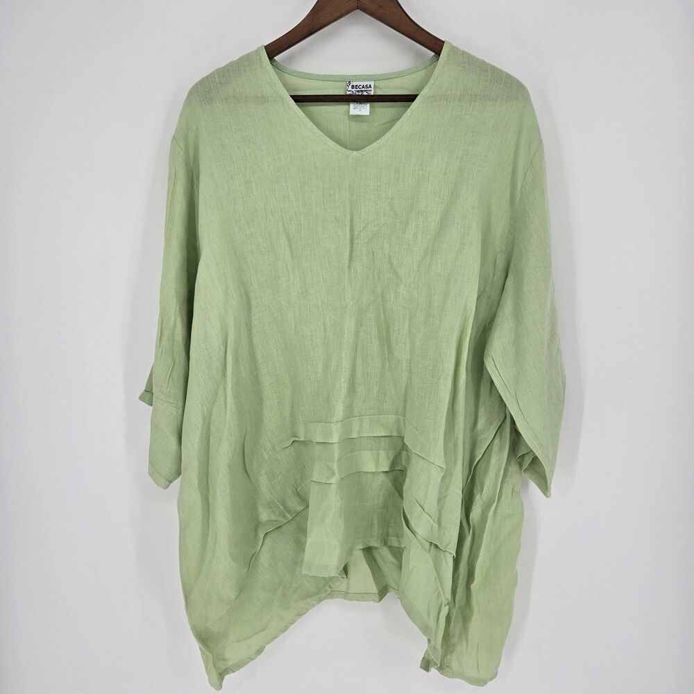 Becasa Lime Green Linen Made In USA Tunic Artsy Boho Lagenlook Med